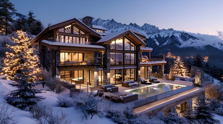 Tranquil mountain retreat with a modern chalet, expansive deck, and infinity pool overlooking snow-capped peaks at sunset